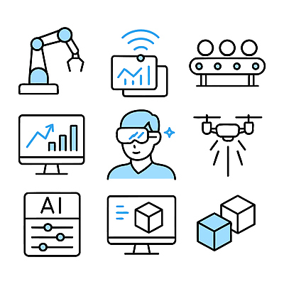 아이콘 산업 그래프 첨단산업 기술 컴퓨터 자료 작업 로봇 분석 혁명 드론 자동화 가상현실 AI_인공지능 2D아이콘 AI파일 컨셉 전자제품 파일형식 벡터