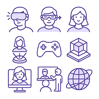 아이콘 학생 교육 첨단산업 기술 학습 강사 헤드셋 게임 체험 온라인 소통 혁명 가상현실 인터랙티브 상호작용 2D아이콘 AI파일 직업 산업 음향기기 컨셉 놀이 헤드폰 파일형식 벡터