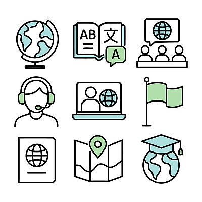 아이콘 문자 학생 교육 문화 지도 교실 학습 세계 지구본 자료 온라인 세미나 통역 번역 2D아이콘 AI파일 학교 파일형식 벡터