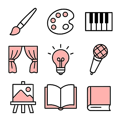 아이콘 디자인 교육 문화 예술 음악 조명 미술 책 무대 피아노 마이크 그림 상상력 창의성 창작 2D아이콘 AI파일 음향기기 문화예술 건반악기 파일형식 벡터
