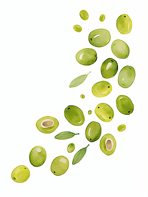 JPG 식물 예술 음식 채소 과일 일러스트 자연 나뭇잎 수채화 건강 장식 초록색 농장 이탈리아 수확 신선 지중해 그림 유기농 올리브 비타민 국내일러스트 AI일러스트 AI콘텐츠 웰빙 열매 유럽 바다 컬러 잎 농업 생태계 영양소 파일형식