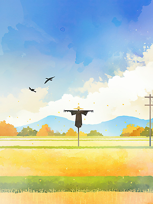 JPG 나무 계절 일러스트 모션 자연 조류 산 풍경 초원 햇빛 평화 가을 농촌 시골 볏짚 허수아비 조용 국내일러스트 AI일러스트 AI콘텐츠 식물 동물 컨셉 농업 태양 짚 생태계 파일형식