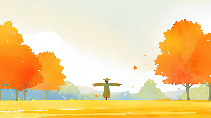 JPG 나무 계절 여유 컬러 일러스트 자연 하늘 바람 나뭇잎 따뜻함 풍경 햇빛 노란색 고요 가을 허수아비 뷰티풀 국내일러스트 AI일러스트 AI콘텐츠 자연요소 식물 감정 잎 농업 날씨 태양 생태계 파일형식