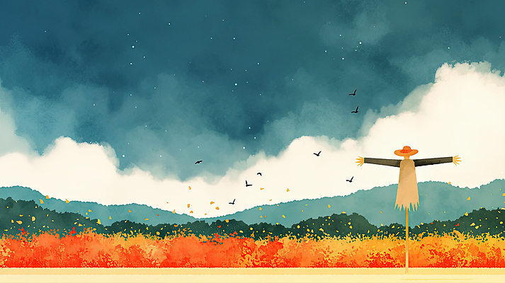 JPG 동물 컬러 낙엽 일러스트 자연 조류 하늘 바람 날씨 풍경 농장 정원 고요 일몰 가을 허수아비 물새 뷰티풀 풍경화 산맥 국내일러스트 AI일러스트 AI콘텐츠 자연요소 계절 잎 농업 산 노을 그림 생태계 파일형식