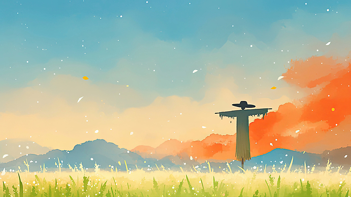 JPG 계절 컬러 일러스트 자연 하늘 바람 산 따뜻함 풍경 초원 여름 노을 고요 일몰 가을 고독 저녁 그림 허수아비 풍경화 국내일러스트 AI일러스트 AI콘텐츠 자연요소 감정 농업 날씨 야간 생태계 파일형식