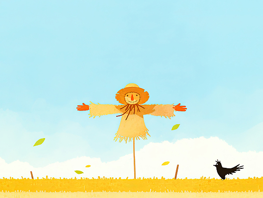 JPG 캐릭터 예술 일러스트 자연 조류 하늘 생명 풍경 초원 파란색 농작물 농장 가을 시골 경계 생태계 허수아비 국내일러스트 AI일러스트 AI콘텐츠 동물 계절 컬러 농업 파일형식