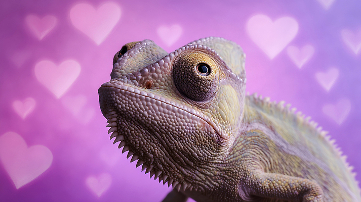 JPG 동물 편집이미지 자연 생물 표정 사랑 반려동물 귀여움 보라색 촬영 매력적 역동적 카멜레온 이미지편집 AI컴퓨터그래픽 AI콘텐츠 감정 컬러 컨셉 파충류 생태계 파일형식