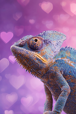 JPG 동물 편집이미지 분홍색 컬러 포즈 백그라운드 자연 생명 사랑 보라색 매력적 턱 생동감 카멜레온 이미지편집 AI컴퓨터그래픽 AI콘텐츠 감정 컨셉 파충류 생태계 파일형식