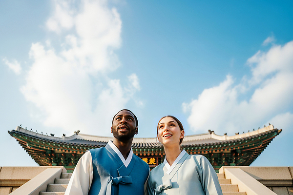 JPG 외국인 편집이미지 전통 건축물 문화 여행 하늘 한국 미소 두명 궁전 한복 즐거움 의료성형뷰티 편집실사 AI인물포토 AI콘텐츠 한국전통 건축 감정 아시아 고건축 표정 사람 인종 전통의상 CG 파일형식 AI포토