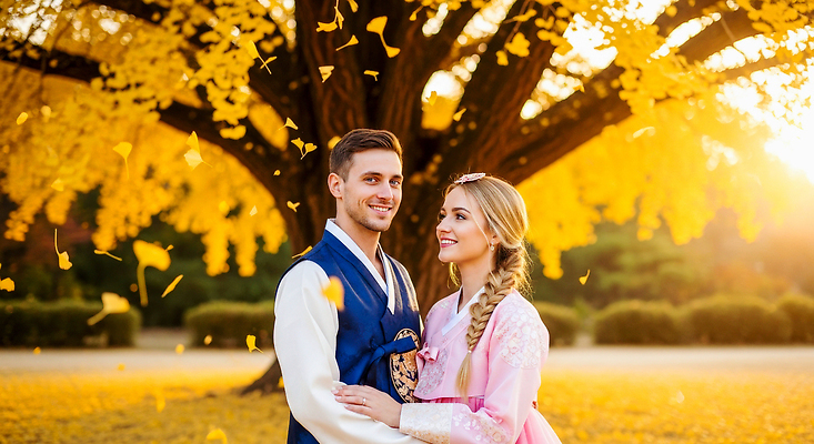 JPG 편집이미지 전통 커플 공원 행복 결혼 자연 한국 사랑 노란색 한복 은행나무 뷰티풀 순간 의료성형뷰티 편집실사 AI인물포토 AI콘텐츠 나무 한국전통 공공시설 감정 아시아 컬러 관계 이벤트 전통의상 CG 생태계 파일형식 AI포토