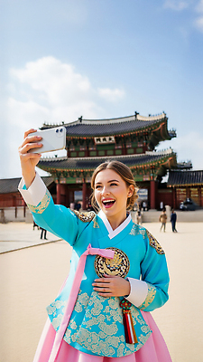 JPG 편집이미지 여행 한국 웃음 사진촬영 궁전 역사 전통의상 한복 셀프카메라 경복궁 뷰티풀 의료성형뷰티 편집실사 AI인물포토 AI콘텐츠 한국전통 전통 아시아 고건축 표정 촬영 CG 파일형식 AI포토
