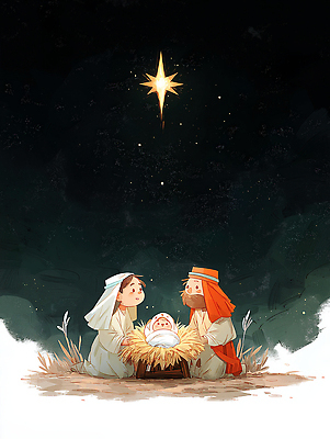 JPG 기념일 별 종교 어린이 크리스마스 일러스트 가족 밤하늘 사랑 평화 축제 성경 기도 아기 장면 마리아 아기예수 요셉 동방박사 숭배 국내일러스트 AI일러스트 AI콘텐츠 자연요소 감정 기독교 컨셉 종교용품 관계 하늘 사람 이벤트 예수 야간 파일형식