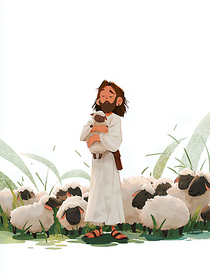 JPG 동물 행복 종교 여유 일러스트 가족 자연 동화 이야기 사랑 초원 평화 성경 양 예수 그림 장면 순간 국내일러스트 AI일러스트 AI콘텐츠 감정 컨셉 종교용품 포유류 관계 신_종교 생태계 파일형식