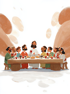 JPG 전통 기념일 기독교 종교 문화 예술 음식 일러스트 대화 미술 성경 예수 역사 그림 제자 나누기 공동체 배급 최후의만찬 국내일러스트 AI일러스트 AI콘텐츠 종교용품 문화예술 말하기 이벤트 신_종교 작품 파일형식