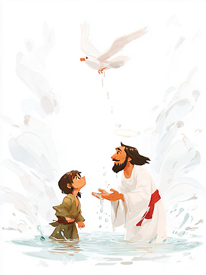 JPG 행복 감정 종교 어린이 백그라운드 일러스트 자연 하늘 따뜻함 대화 물 수중 희망 기쁨 만남 예수 비둘기 장면 순간 국내일러스트 AI일러스트 AI콘텐츠 자연요소 컨셉 조류 말하기 사람 신_종교 생태계 파일형식