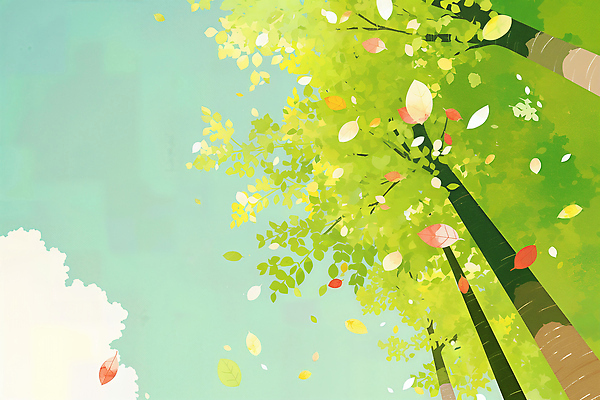 JPG 나무 컬러 낙엽 잎 일러스트 자연 하늘 풍경 초록색 고요 금색 분위기 변화 상쾌 증감 국내일러스트 AI일러스트 AI콘텐츠 식물 감정 컨셉 생태계 파일형식