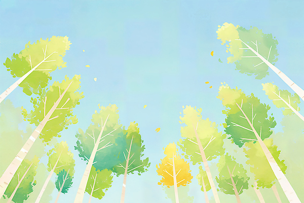 JPG 나무 컬러 하늘색 잎 일러스트 자연 하늘 생명 바람 풍경 여름 파란색 햇빛 평화 금색 성장 숲속 숲 시원함 조화 국내일러스트 AI일러스트 AI콘텐츠 자연요소 식물 계절 컨셉 날씨 태양 생태계 파일형식