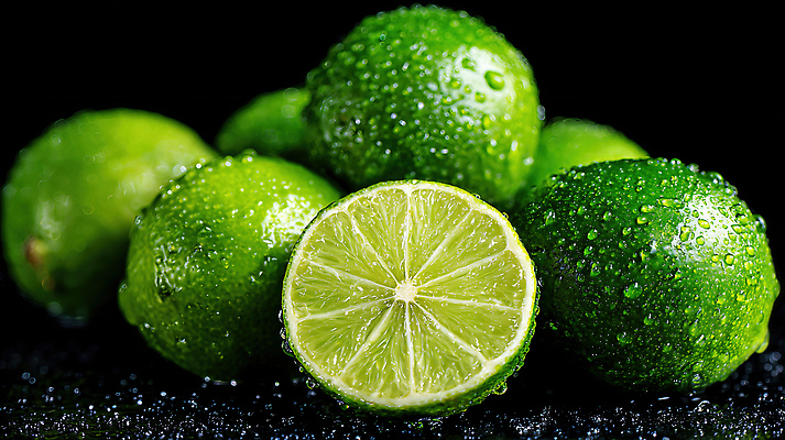 JPG 편집이미지 재료 식탁 조명 요리 장식 초록색 어둠 물방울 신선 라임 수분_꽃가루 편집실사 AI포토 AI콘텐츠 컬러 과일 탁자 CG 파일형식