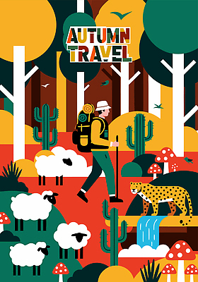 식물 동물 화초 여행 일러스트 배낭 자연 풍경 평화 등산 트래킹 하이킹 탐험 양 숲 모험가 배낭여행 조화 가을여행 표범 국내일러스트 AI파일 컨셉 가방 포유류 레저 생태계 파일형식 벡터 가을_계절