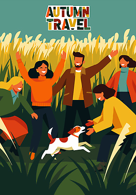 행복 감정 여행 일러스트 가족 모션 자연 웃음 초원 야외 친구 달리기 모임 자유 탐험 강아지 즐거움 가을여행 순간 국내일러스트 AI파일 컨셉 관계 표정 반려동물 개 생태계 파일형식 벡터 가을_계절