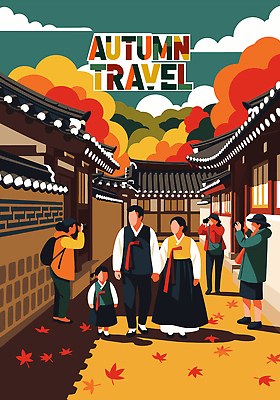 전통 문화 컬러 여행 백그라운드 단풍 일러스트 가족 자연 한옥 기념 한국 풍경 여러명 마을 산책 시간 가을여행 뷰티풀 국내일러스트 AI파일 한국전통 아시아 다수 고건축 잎 관계 휴식 사람 생태계 파일형식 벡터 가을_계절