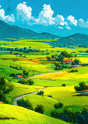 JPG 컬러 일러스트 자연 하늘 곡류 풍경 초록색 여름 농작물 평화 마을 금색 농촌 개울 언덕 뷰티풀 탐방 국내일러스트 AI일러스트 AI콘텐츠 계절 컨셉 농업 강 시골 생태계 파일형식