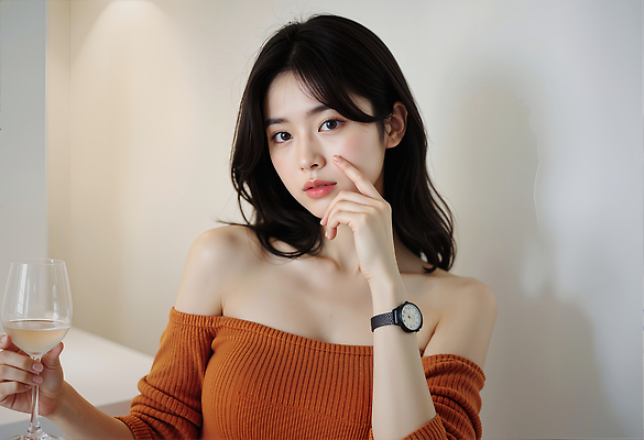 JPG 편집이미지 여자 패션 얼굴 포즈 와인잔 조명 실내 미소 주황색 매력적 우아함 모던 소통 의료성형뷰티 스타일 편집실사 AI인물포토 AI콘텐츠 컬러 컨셉 술잔 표정 사람 내부 신체부위 CG 파일형식 AI포토