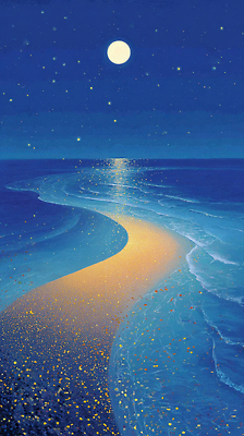 JPG 별 길 파도 바다 컬러 야경 일러스트 자연 하늘 풍경 해변 빛 모래사장 평화 맑음 신비 달빛 조용 뷰티풀 수평선 국내일러스트 AI일러스트 AI콘텐츠 자연요소 컨셉 날씨 달 야간 생태계 파일형식 풍경_경치
