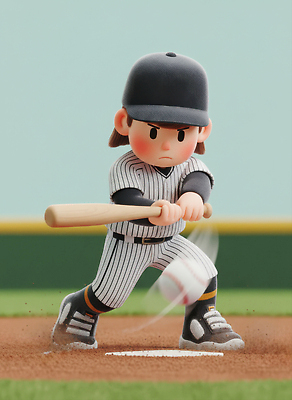 JPG 편집이미지 캐릭터 남자 어린이 스포츠 공 필드 협력 경기 운동 야구 야구방망이 스윙 집중 준비 편집3D AI컴퓨터그래픽 AI콘텐츠 포즈 컨셉 건강 사람 3D 구기 야구용품 파일형식