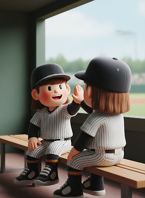 JPG 편집이미지 어린이 스포츠 벤치 모션 놀이 운동선수 웃음 경기 친구 야구 동료 즐거움 야구장 소통 편집3D AI컴퓨터그래픽 AI콘텐츠 감정 컨셉 의자 스포츠시설 관계 표정 사람 3D 구기 파일형식