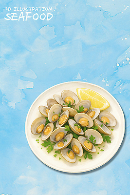 PSD 접시 한식 음식 바다 일러스트 식재료 조개 파슬리 요리 해변 여름 주방 식사 해물요리 신선 레몬 해산물 파란배경 국내일러스트 식기 계절 백그라운드 채소 과일 어패류 파란색 파일형식
