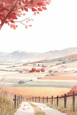 JPG 나무 길 단풍 일러스트 자연 하늘 산 주택 풍경 잔디 빨간색 평화 마을 목초지 금색 가을 농촌 시골 귀농 논밭 산맥 국내일러스트 AI일러스트 AI콘텐츠 식물 계절 컬러 컨셉 잎 밭 농업 논 건물 목장 생태계 파일형식 초원_자연