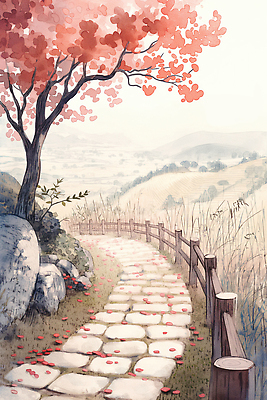 JPG 나무 꽃잎 길 단풍 일러스트 자연 산 풍경 햇빛 평화 정원 가을 시골 편안함 조경 멀리 돌길 색채 흩날리기 국내일러스트 AI일러스트 AI콘텐츠 식물 계절 꽃 컨셉 잎 모션 태양 감각 생태계 파일형식