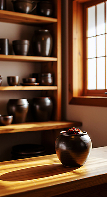 JPG 나무 편집이미지 전통 재료 조명 주택 한국 따뜻함 인테리어 주방 공간 욕실 항아리 도자기 고추장 찬장 직사각형 편집실사 AI포토 AI콘텐츠 도형 식물 디자인 아시아 가구 건물 양념 CG 파일형식