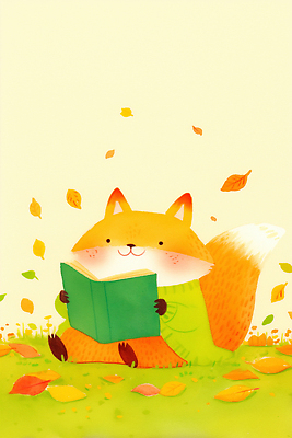 JPG 나무 동물 캐릭터 행복 어린이 컬러 낙엽 일러스트 텍스트 자연 나뭇잎 잔디 책 여름 독서 편안함 즐거움 여우 창의성 국내일러스트 AI일러스트 AI콘텐츠 식물 계절 감정 잎 포유류 사람 감각 생태계 파일형식