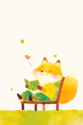 JPG 동물 캐릭터 행복 여유 의자 일러스트 자연 나뭇잎 표정 사랑 앉기 잔디 책 초록색 독서 귀여움 편안함 읽기 여우 순간 국내일러스트 AI일러스트 AI콘텐츠 식물 감정 컬러 가구 컨셉 잎 포유류 모션 감각 생태계 파일형식