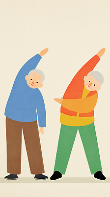 JPG 웰빙 노년 행복 일러스트 모션 건강 웃음 일상 친구 운동 스트레칭 유연 공동체 생활습관 노화 상호작용 국내일러스트 AI일러스트 AI콘텐츠 감정 컨셉 관계 표정 성인 라이프 습관 파일형식