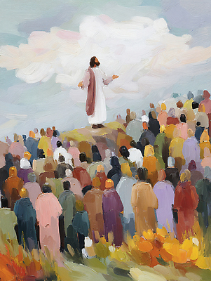 JPG 교육 기독교 종교 일러스트 자연 산 이야기 풍경 여러명 듣기 예수 가르침 분위기 군중 커뮤니티 조화 소통 국내일러스트 AI일러스트 AI콘텐츠 다수 컨셉 모션 사람 신_종교 생태계 파일형식