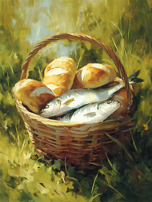 JPG 기독교 음식 빵 농업 일러스트 자연 디저트 어류 요리 풍경 잔디 야외 바구니 수확 농촌 신선 맛 해산물 장면 점심 국내일러스트 AI일러스트 AI콘텐츠 식물 산업 종교 컨셉 수중동물 시골 생태계 파일형식