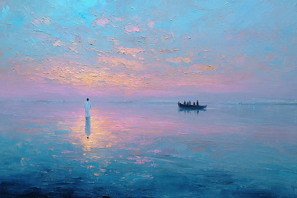 JPG 남자 기독교 예술 바다 분홍색 컬러 일러스트 자연 하늘 아침 수채화 풍경 해변 물 일출 고요 회색 물가 예수 보트 이미지 조용 수평선 국내일러스트 AI일러스트 AI콘텐츠 주간 자연요소 종교 배_교통 사람 노을 신_종교 생태계 파일형식