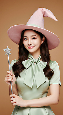 JPG 편집이미지 옷 감정 포즈 백그라운드 조명 미소 소녀 마법사 분위기 마법사모자 마법지팡이 의료성형뷰티 스타일 편집실사 AI인물포토 AI콘텐츠 모자_잡화 여자 어린이 컨셉 표정 CG 파일형식 AI포토