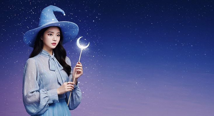 JPG 편집이미지 여자 패션 지팡이 하늘 파란색 정원 꿈 마법사 신비 마법 별빛 마법사모자 뷰티풀 상상력 창의력 의료성형뷰티 편집실사 AI인물포토 AI콘텐츠 모자_잡화 별 컬러 컨셉 사람 빛 CG 파일형식 AI포토