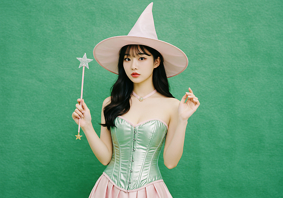 JPG 편집이미지 옷 패션 분홍색 포즈 백그라운드 소녀 초록색 판타지 꿈 매력적 마법사 마법사모자 마법지팡이 뷰티풀 의료성형뷰티 스타일 편집실사 AI인물포토 AI콘텐츠 모자_잡화 여자 어린이 컬러 컨셉 상상 CG 파일형식 AI포토