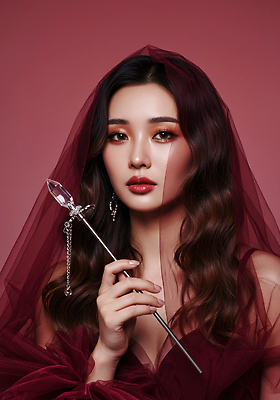 JPG 모델 편집이미지 긴머리 헤어스타일 패션 포즈 장신구 화장 뷰티 촬영 마법사 신비 마법사모자 마법지팡이 의료성형뷰티 스타일 편집실사 AI인물포토 AI콘텐츠 모자_잡화 컨셉 CG 파일형식 AI포토