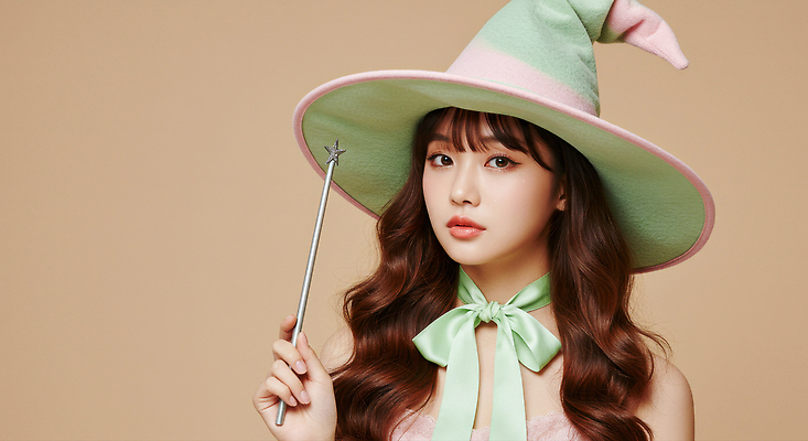 JPG 편집이미지 패션 어린이 분홍색 백그라운드 소녀 초록색 머리카락 마법사 신비 마법사모자 마법지팡이 의료성형뷰티 스타일 아기자기 차분 편집실사 AI인물포토 AI콘텐츠 모자_잡화 여자 컬러 컨셉 사람 머리 CG 파일형식 AI포토