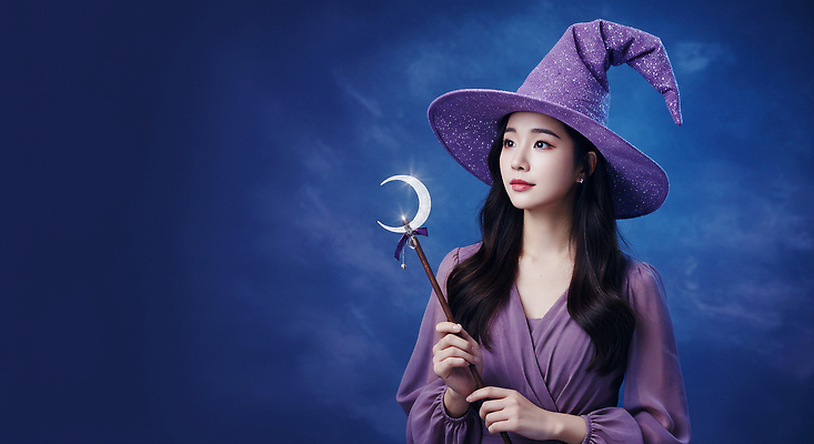 JPG 편집이미지 옷 여자 상징 포즈 백그라운드 지팡이 보라색 마법사 신비 마법 초상화 마법사모자 의료성형뷰티 차분 편집실사 AI인물포토 AI콘텐츠 모자_잡화 컬러 컨셉 사람 CG 그림 파일형식 AI포토