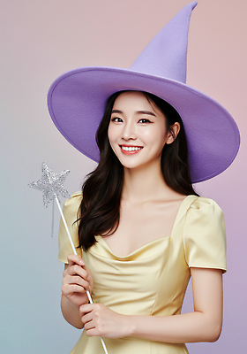 JPG 편집이미지 여자 패션 포즈 백그라운드 미소 보라색 촬영 매력적 마법사 마법사모자 마법지팡이 뷰티풀 의료성형뷰티 스타일 편집실사 AI인물포토 AI콘텐츠 모자_잡화 컬러 컨셉 표정 사람 CG 파일형식 AI포토