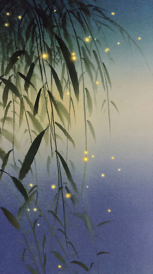 JPG 나무 식물 호수 일러스트 자연 풍경 여름 빛 평화 일몰 수중식물 야간 초승달 반딧불이 뷰티풀 여름밤 국내일러스트 AI일러스트 AI콘텐츠 자연요소 계절 곤충 컨셉 노을 달 생태계 파일형식