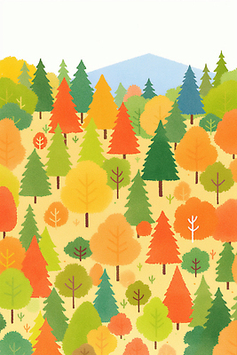 JPG 나무 컬러 일러스트 자연 거리 풍경 초록색 햇빛 노란색 평화 가을 숲 조화 뷰티풀 풍요 국내일러스트 AI일러스트 AI콘텐츠 식물 계절 컨셉 태양 생태계 파일형식