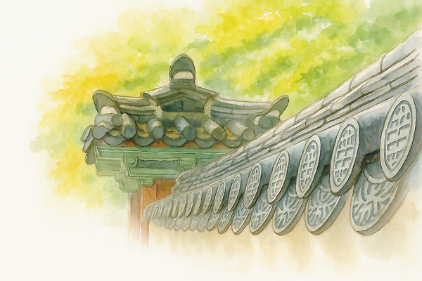 JPG 나무 한국전통 전통 디자인 건축 문화 예술 컬러 일러스트 자연 지붕 한옥 한국 기와 풍경 정원 고요 궁전 가을 역사 조화 뷰티풀 오후 기와담장 국내일러스트 AI일러스트 AI콘텐츠 식물 계절 아시아 고건축 담장 생태계 파일형식